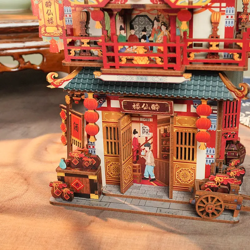 DIY Wooden Model Building Kits Chinese Ancient Restaurant Inductive Storage Box City Street View 3D Puzzle Toys for Adults Gifts