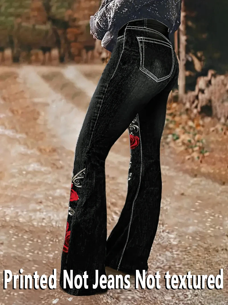 1253 Ladies Non-Leather Bell Bottom Pants Floral Print Denim Look Spring Autumn Winter Wearable Ladies Long Trousers