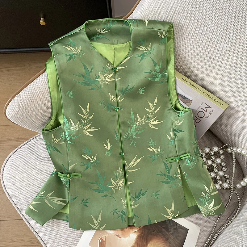 Yourqipao Autumn Green Chinese Style Vest Hanfu Heavy Industry High Quality Embroidery Buckle Jacquard Jacket Vests for Women