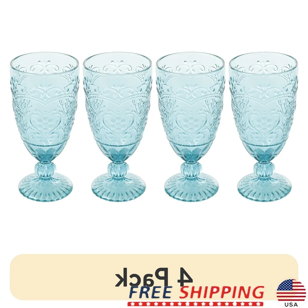 

Amelia Teal Goblet Set of 4 Vintage Inspired Embossed Design Dishware Durable Glassware Perfect Drinks Dishwasher Safe