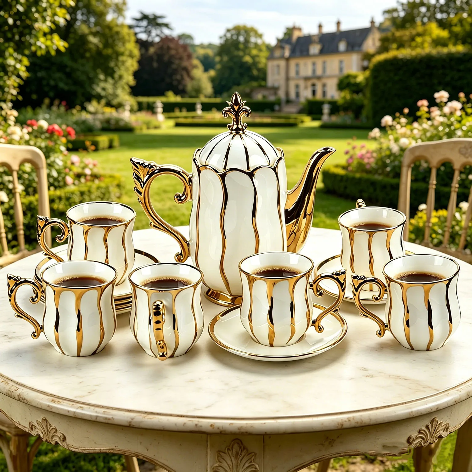 13Pcs Luxury White Gold Strip Porcelain Tea Coffee Set, European Golden Trim Teapot & 6 Cups Saucers, Elegant Ceramic Tableware for Home Afternoon Tea Wedding Gift