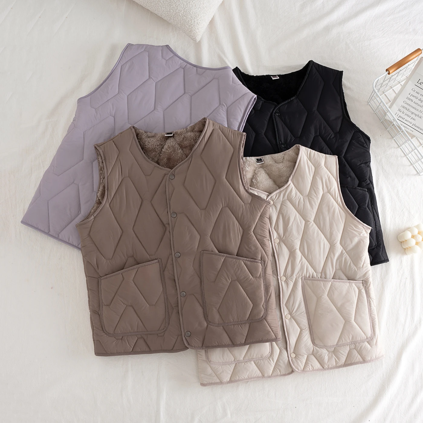 Herren-Weste aus gesteppter, mit Fce gefütterter Baumwolle, Frühling und Herbst, lässige Weste, Thermo-Unterwäsche, Polyesterfaser, V-Ne