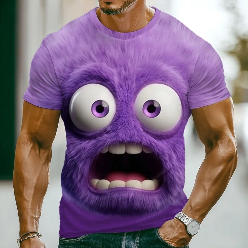 T-shirt pour homme avec visage de monstre en fourrure imprimé en 3D, t-shirt à manches courtes avec motif de dessin animé mignon, t-shirts décontractés d'été, t-shirts à col rond