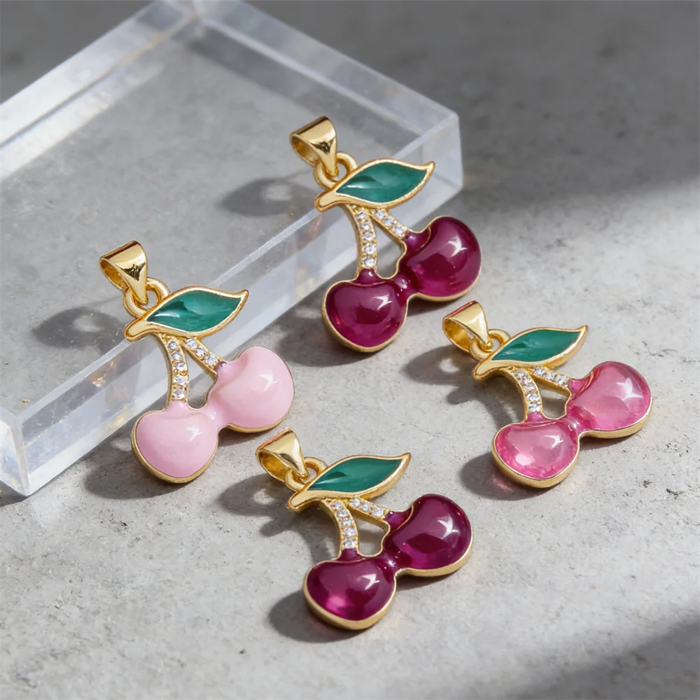 

4Pcs Pendants Brass Enamel Cherry Charms Cubic Zirconia Leaf Decor for DIY Jewelry Necklace Bracelet Making Fruit Accessories