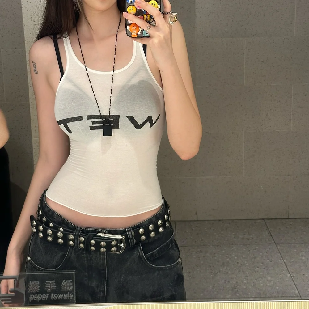 Imitation wet clothes Wet Letter Print White Crop Top Shirt Y2k Streetwear Sexy Summer Clothes for Women Tank Tops 2024