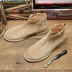 New Chelsea Short Martin Boots Men British Retro Genuine Leather Desert Round Toe Shoes Outdoor Trekking Camp Travel Large Size