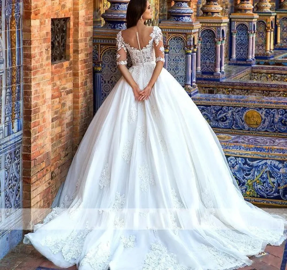 luxury A-Line wedding dress arabic dubai Half Sleeves Tulle Appliques Ball Gown Customed Bridal Gowns vestidos de novia 2024