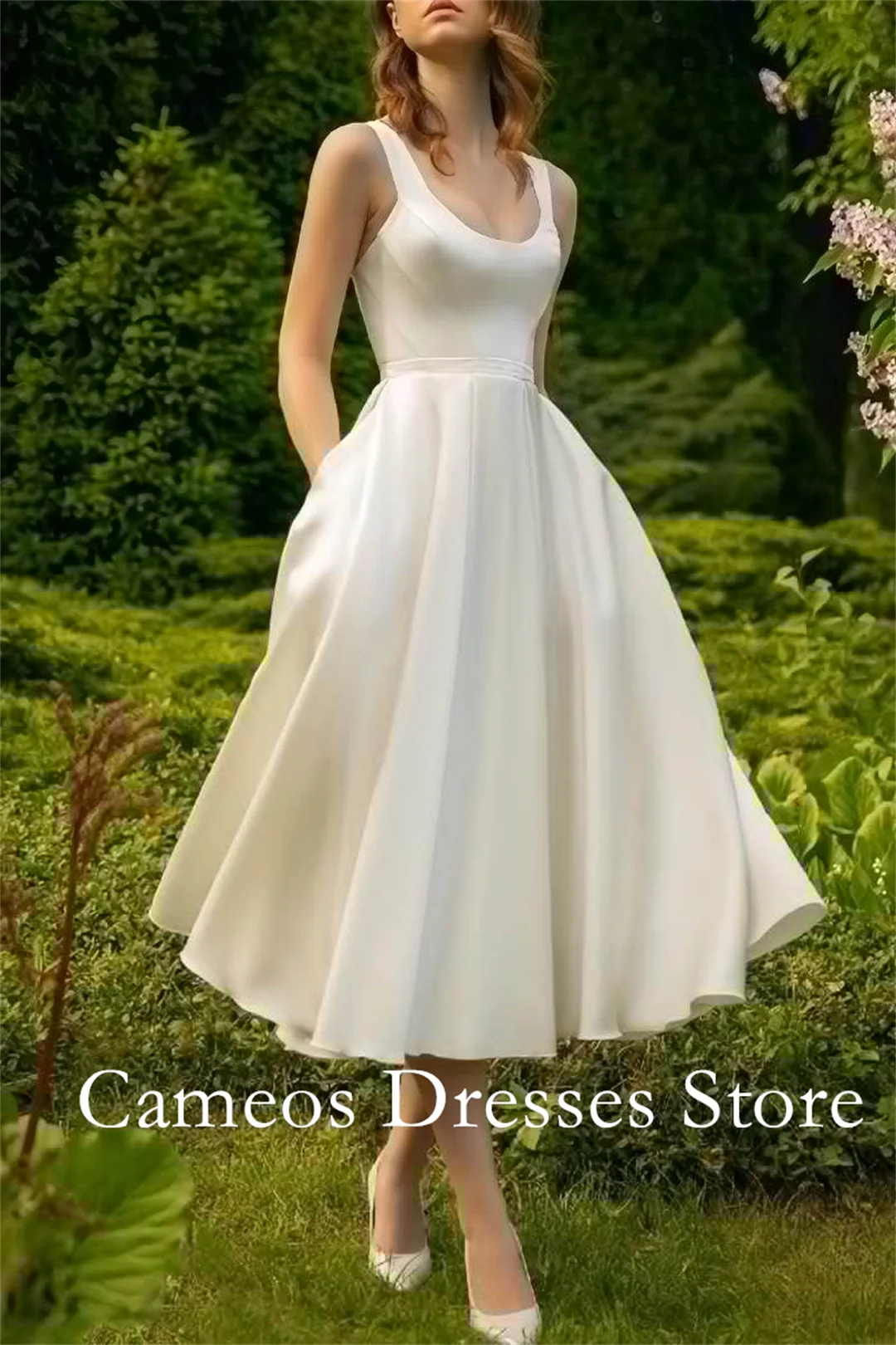 

SONDR индивидуальный корсет с U-образным вырезом и рюшами цвета слоновой кости, свадебные платья трапециевидной формы с боковым карманом, чайной длины, платья невесты, женские свадебные платья