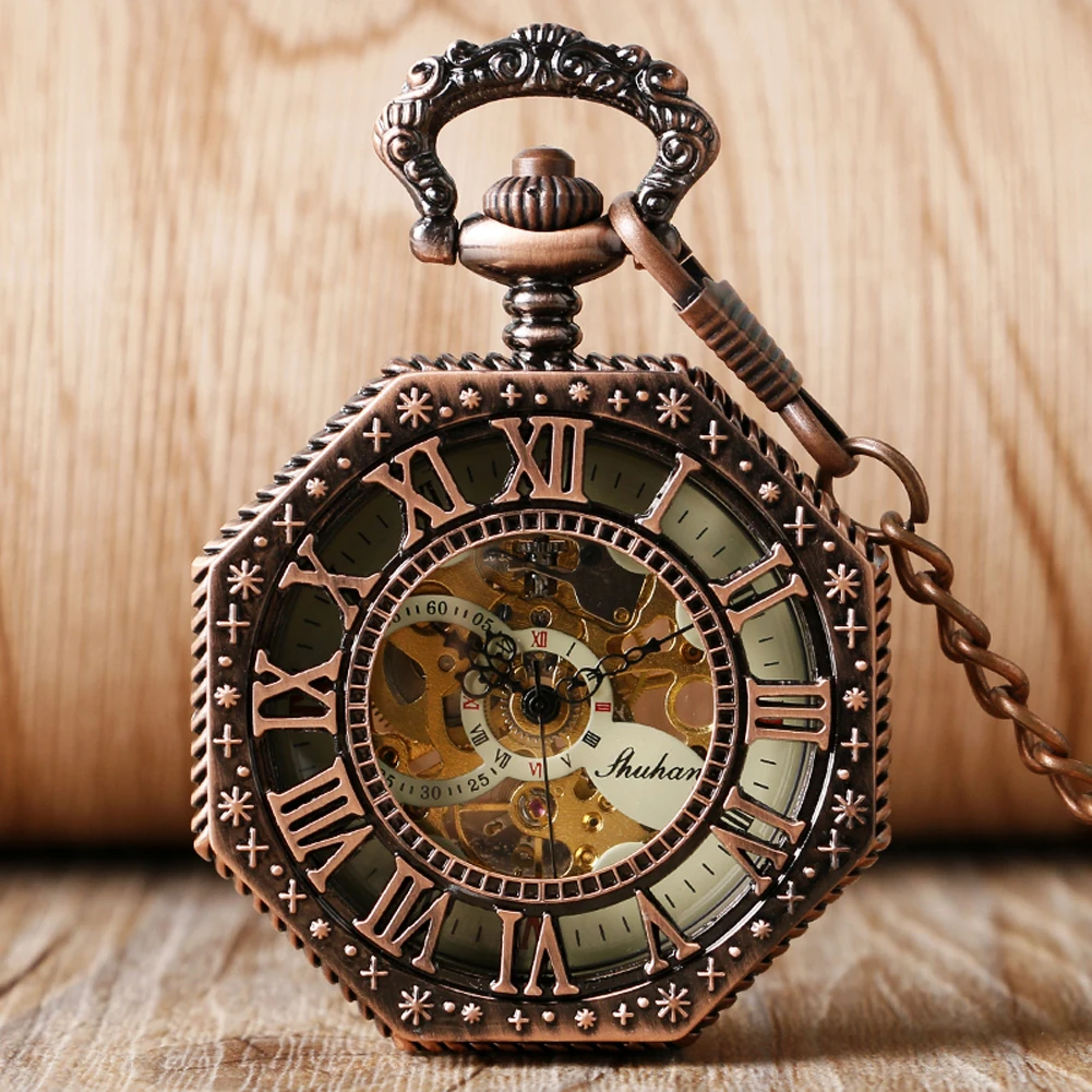 

Retro Red Copper Mechanical Pocket Watches Openwork Octagon Shaped Roman Numerals Clocks Manual Winding Pocket Watch Pendent