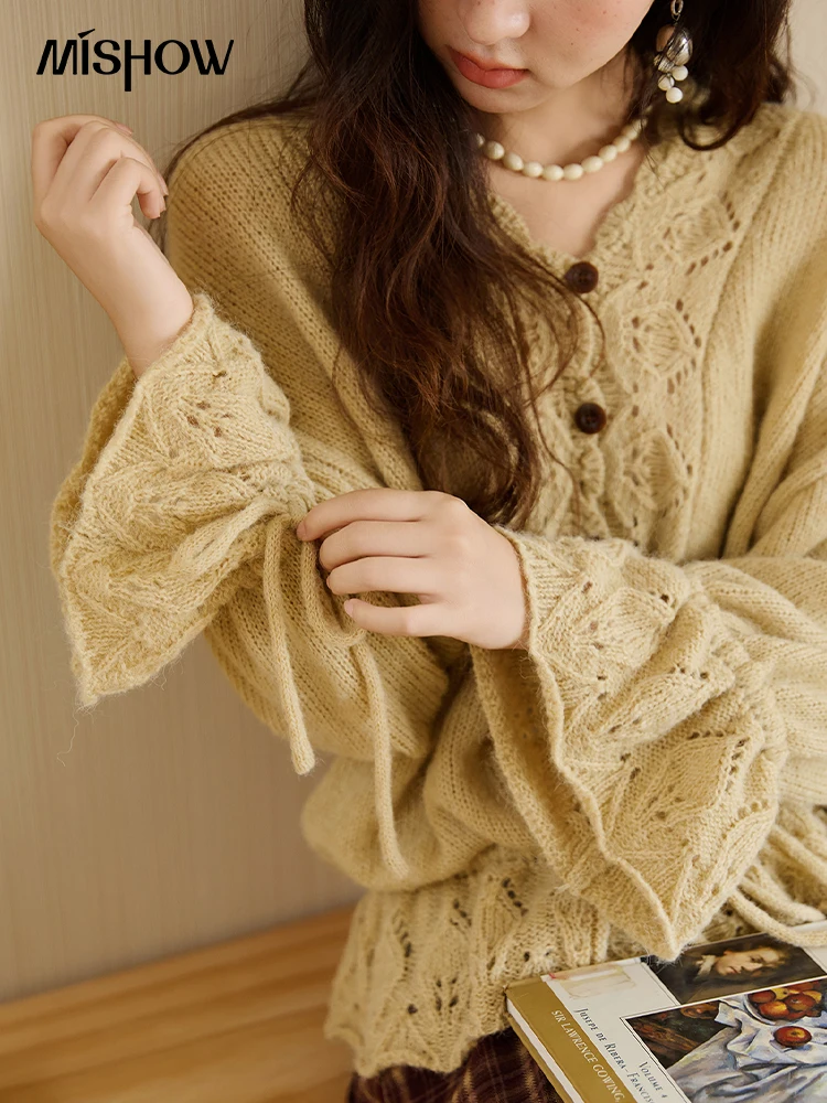 MISHOW اليدوية سترة كروشيه سترة الخريف الموهير مضيئة كم محبوك القمم موجة الخامس الرقبة الدانتيل متابعة الخصر سترة MXE47Z2513 #2