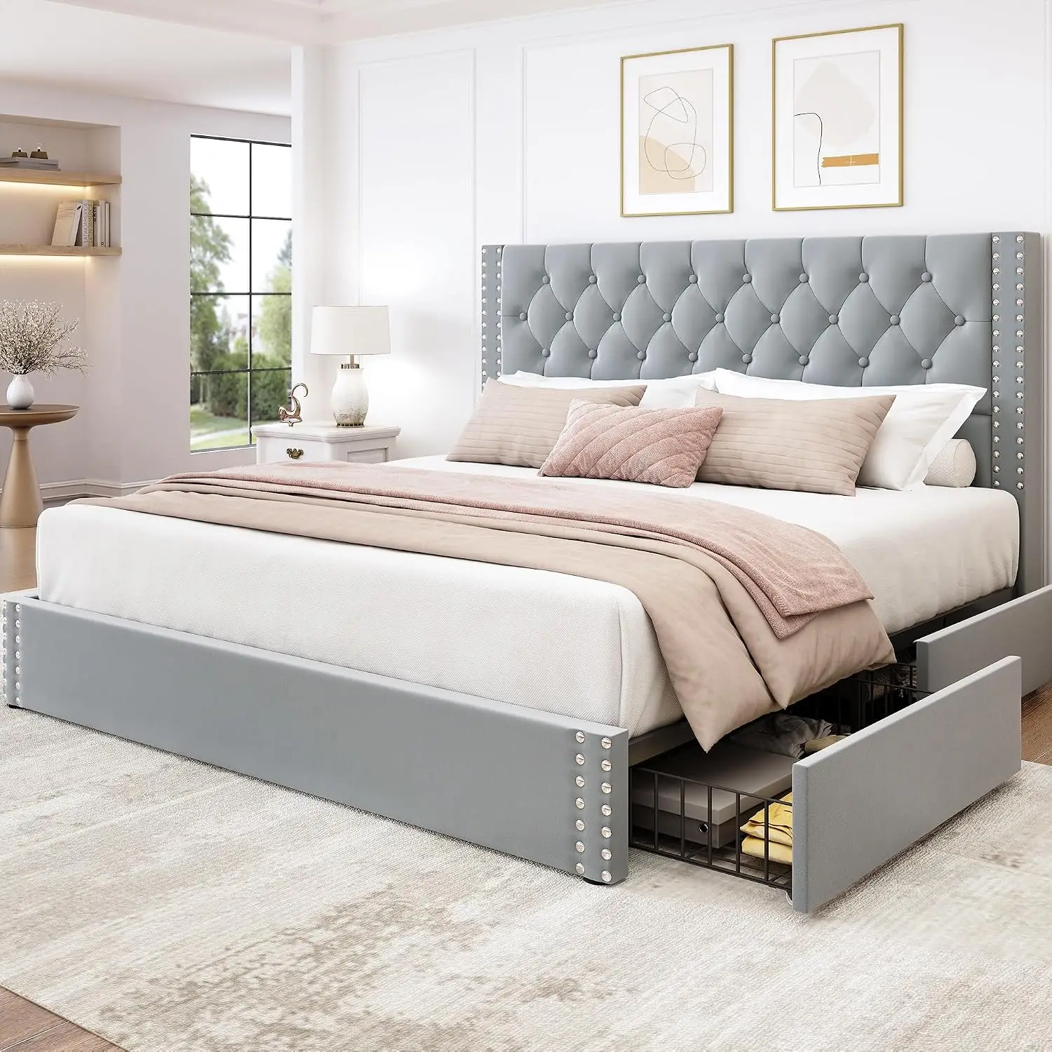 King Platform Bed with 4 Storage Drawers & Tufted Velvet Headboard Wood Slats No Box Spring, Customized