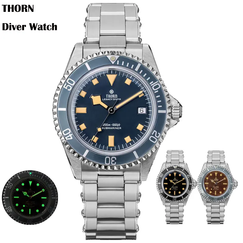 

Thorn 40mm Men's Vintage Dive Watch Black/Blue Dial Sapphire Glass Aluminum Bezel PT5000 Automatic Movement 20Bar Waterproof