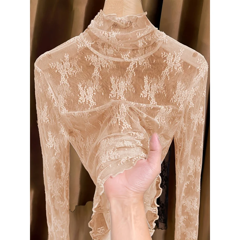 

Lightweight High-Neck Lace Top Women, New 2025 Style with Ruffled Mesh, Layering in Spring And Autumn