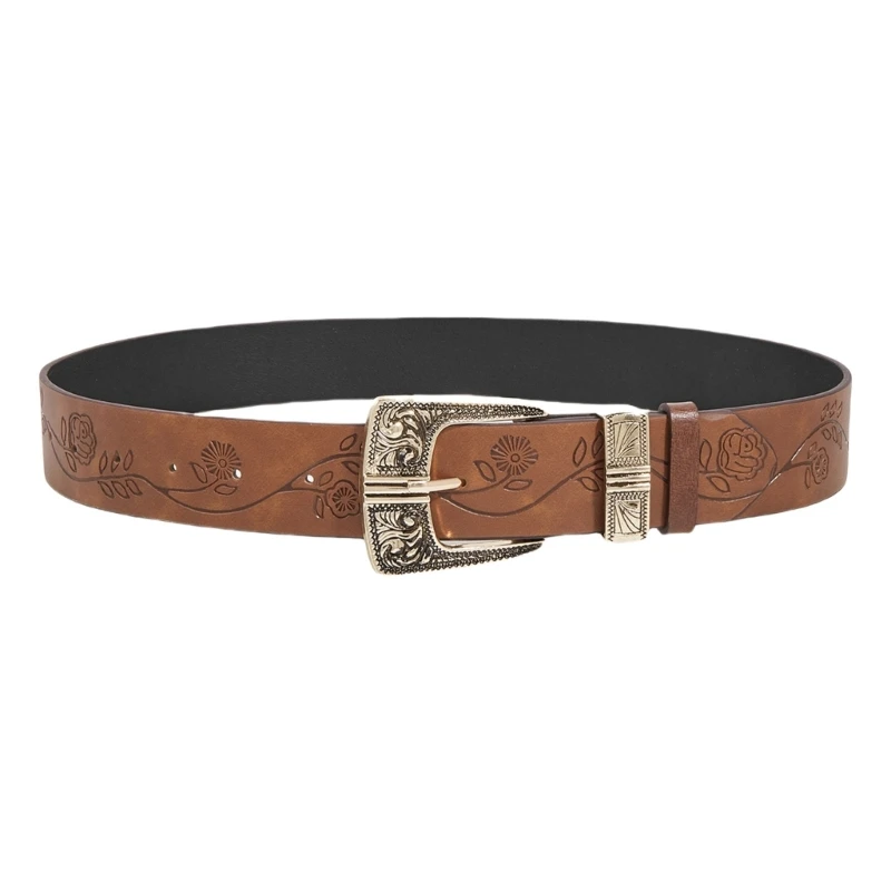 Western PU Belt Carved Belt Aesthetic Waiststrap for Women Men Dating Daily Use