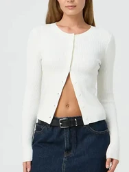 Women Y2k Ribbed Knit Cardigan Slim Fitted Long Sleeve Round Neck Sweater Button Down Tops Knitwear Streetwear