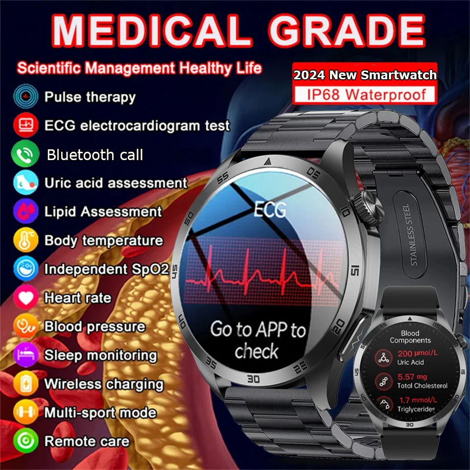 2024 New ECG+PPG Temperature Pulse Physiotherapy Smartwatch Men 466*466 HD Health Management BT Call Sports Waterproof Watches