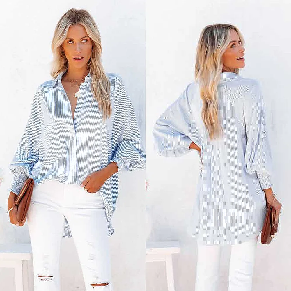 Cardigan Shirt Stripe PlusSize Blouse Longsleeve Cardigans Shirts Spring Summer