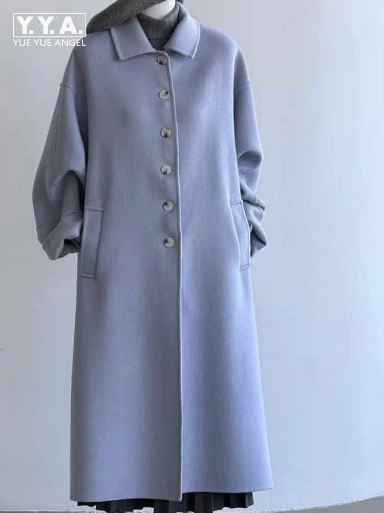 Leisure Ladies Turn Down Collar Straight Wool Blends Solid Color Single-Breasted Overcoat Fashion Female Long Sleeves Outerwear