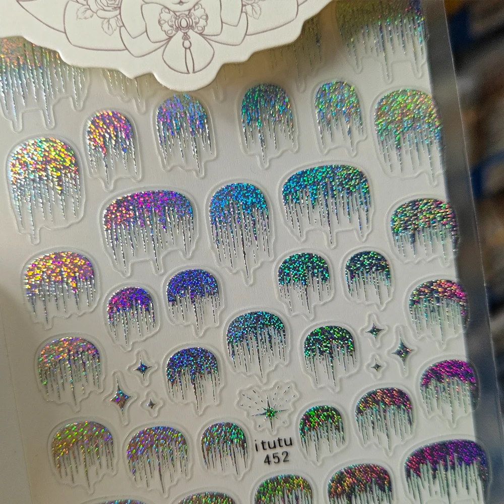 1 個 5D レーザーシルバー反射フレンチネイルステッカーホログラフィックスパークル滝タッセルデザインネイルデカール Y2K オーロラバースト