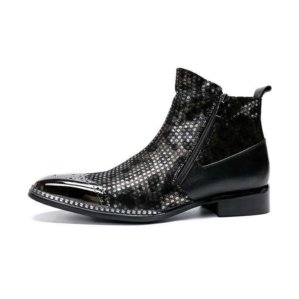 Bordered With Metal Black Genuine Leather High Heels Pointed Toe Boots Male Plus Size Party Business British Style Dress Shoes