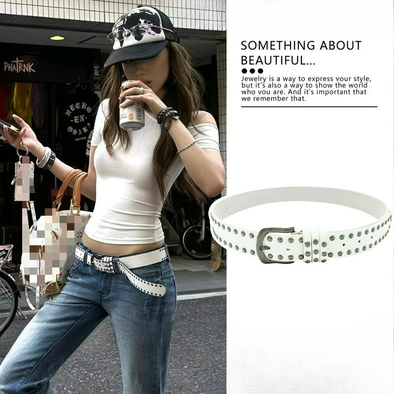 

Ремень из искусственной кожи с металлическими заклепками, женский ретро-белый, черный, Y2K, джинсовые аксессуары, ремень в стиле панк для девочек, ремень с металлической пряжкой, пояс