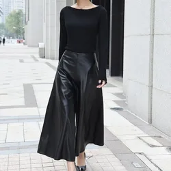 High Quality Luxury Women Ankle-Length Trousers Genuine Leather High Waist Wide Leg Pants Casual Loose Fit Pantalones Mujer