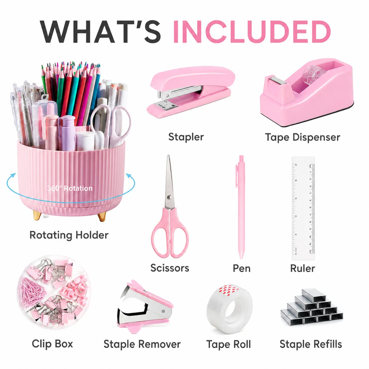 360 Degree Rotating Pen Holder Stationery Set with Stapler Tape Dispenser Punch Scissors Ruler and Clip Box, ABS Desk Organizer