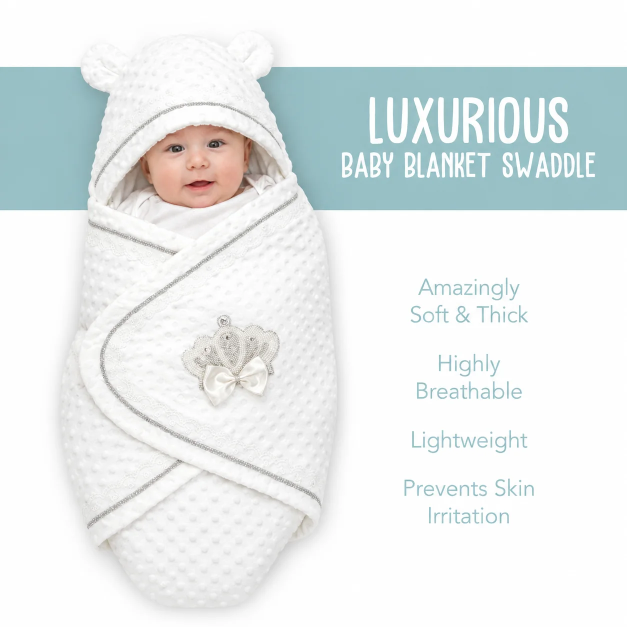 Lace Trim Newborn Double Sided Blanket Minky Dot Warm Baby Wrap Blanket Bow Decor Infant Receiving Blanket