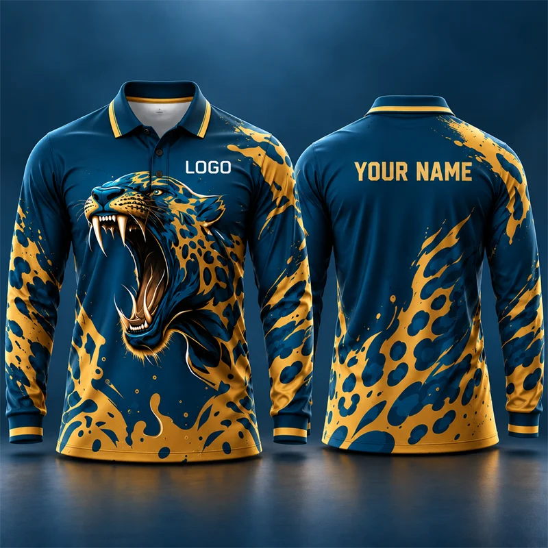 Leopard Power Long Sleeve Polo Jersey Custom Logo Name 3D Animal Print Men Team Shirt for Club Training Game Day Sportswear Top