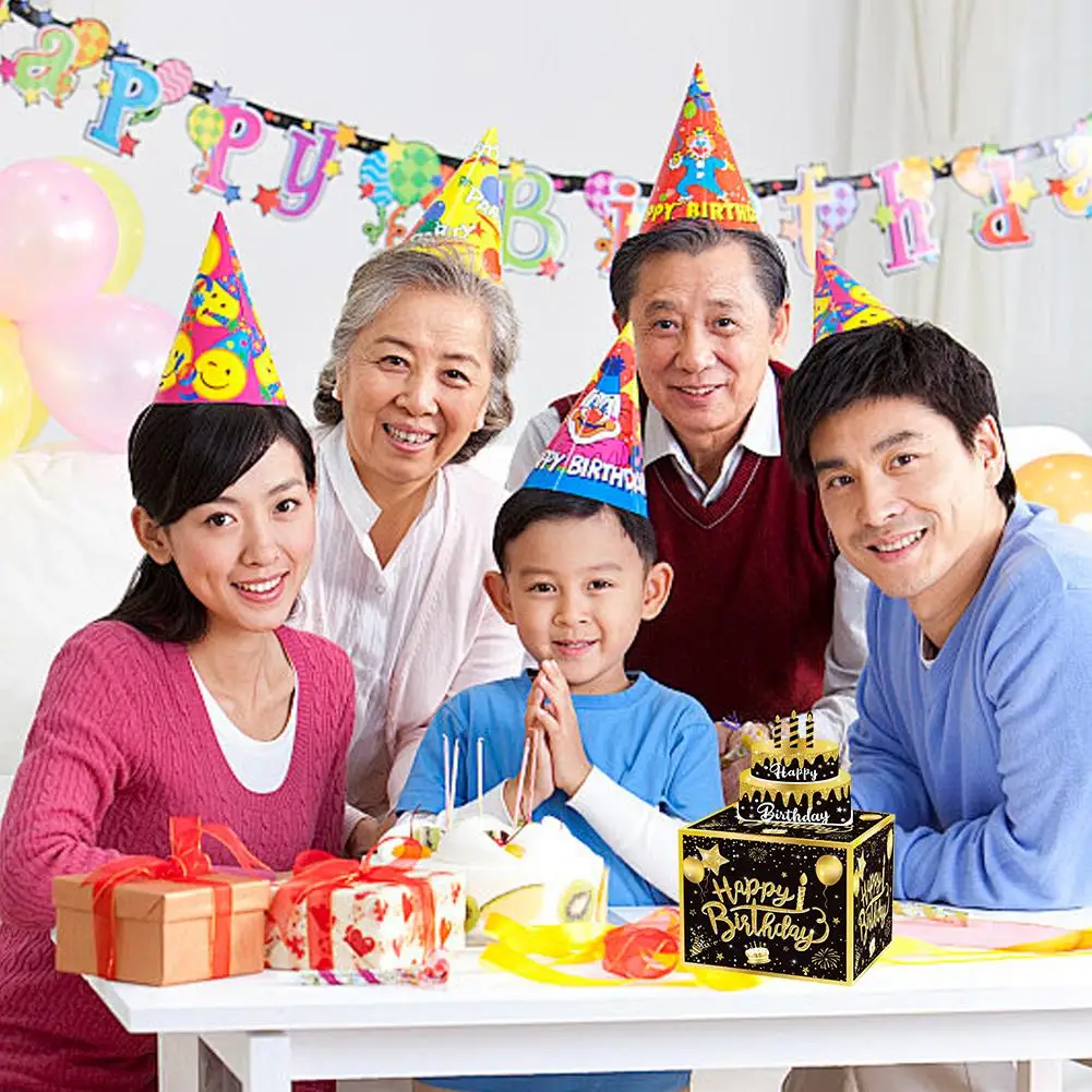 Happy Birthday Surprise Money Box For Cash Gift Pull, Black And Gold Diy Birthday Money Gift Birthday Decoration A3b7