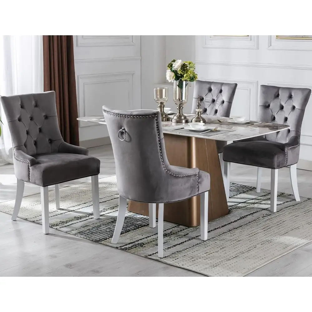 

Mid-Century Modern Upholstered Dining Chairs Set of 4, Dark Grey Accent Chairs with Button Tufting & White Wood Legs