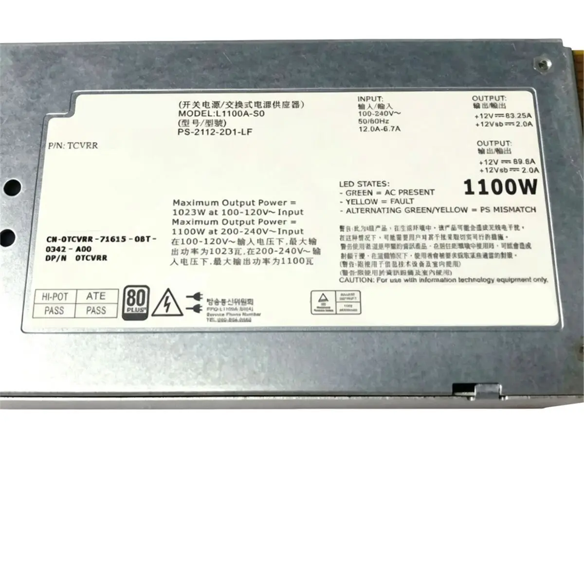 R910 1100W Power Supply L1100A-S0 PS-2112-2D1-LF 12V89A Power Supply