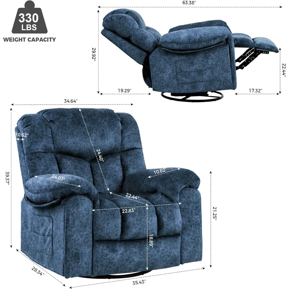 Recliner Chair Massage with Hideable Cup Holders, 360°Swivel Vibrating Massage, Fabric, Recliner Chair with USB Port