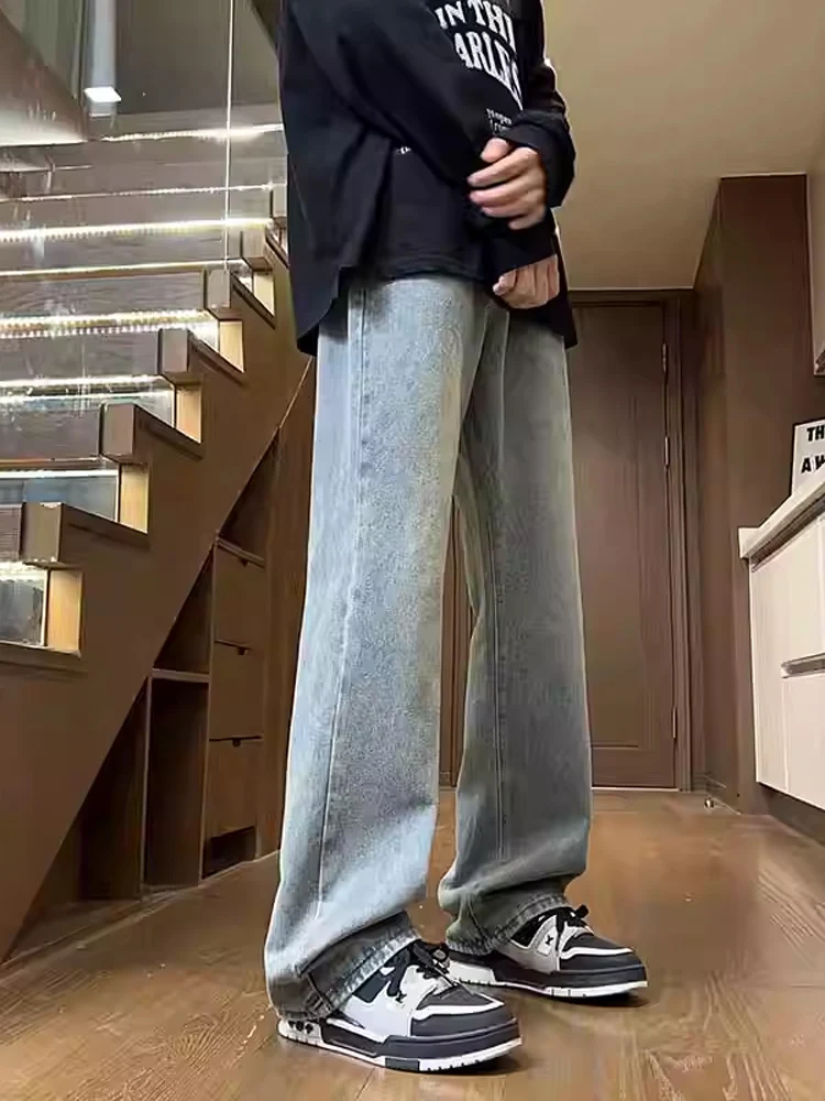 

Deep Blue Men's Jeans Cleanfit Waed Faded Wear-resistant Slim Micro-flared Pants Autumn High Street Long Trousers