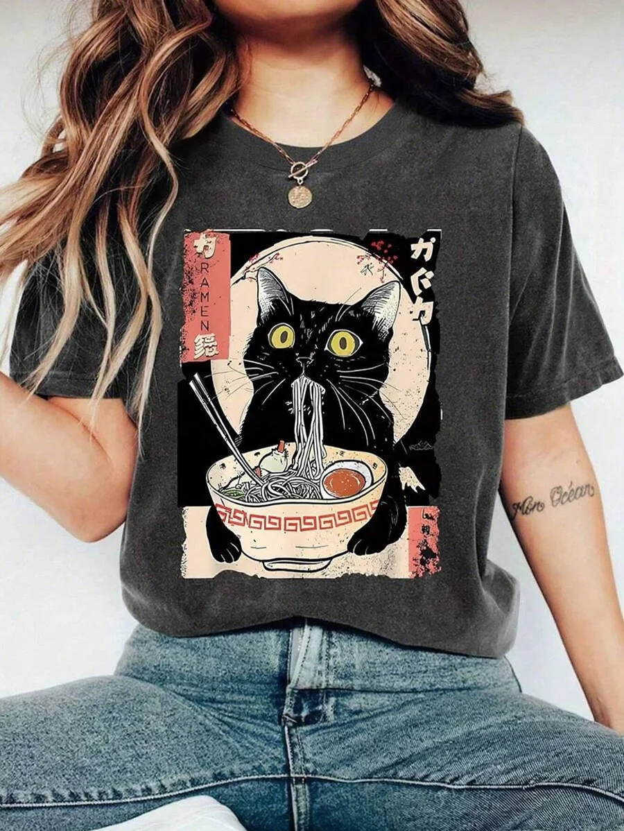 

Plus - Size Short - Sleeve T - shirt Featuring Japanese Black Cat & Ramen Design, Trendy Women's Wear