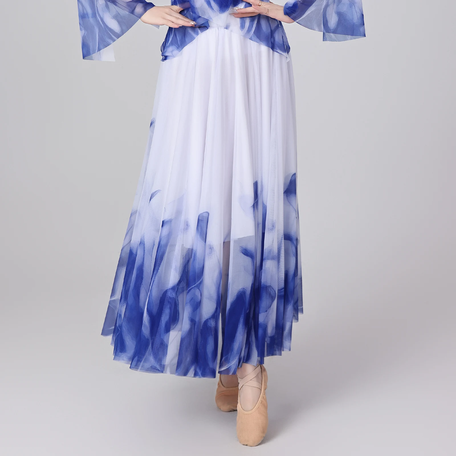 Women Oriental Dance Ink Painted Maxi Skirts Contrast Color Big Swing Mesh Skirt Dancwear for Classic Dance Lyrical Modern Dance