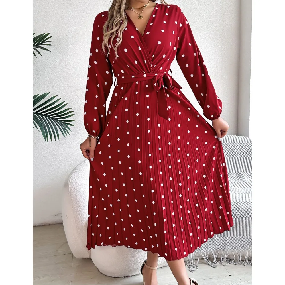 Autumn Winter Elegant Contrasting Wave Dot Cross V-neck Pleated Long Dress 2024 Elegant Women\'s Lace Up Pullover Big Swing Dress