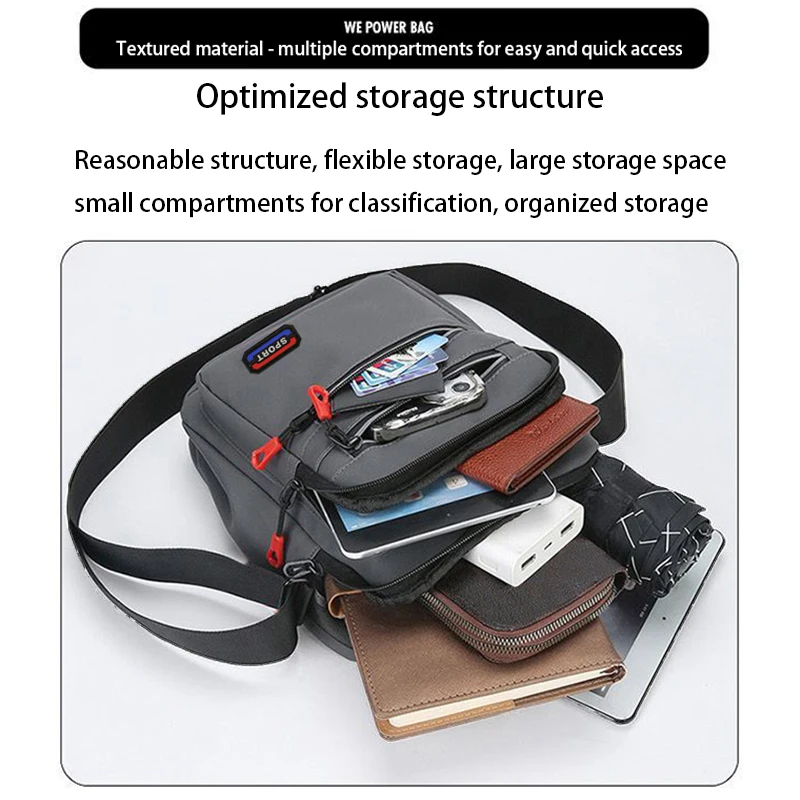 Klassische Sport-Umhängetasche mit mehreren Taschen, strapazierfähige, wasserabweisende Nylon-Umhängetasche für Herren, für den Alltag und Freizeit – Detail 4