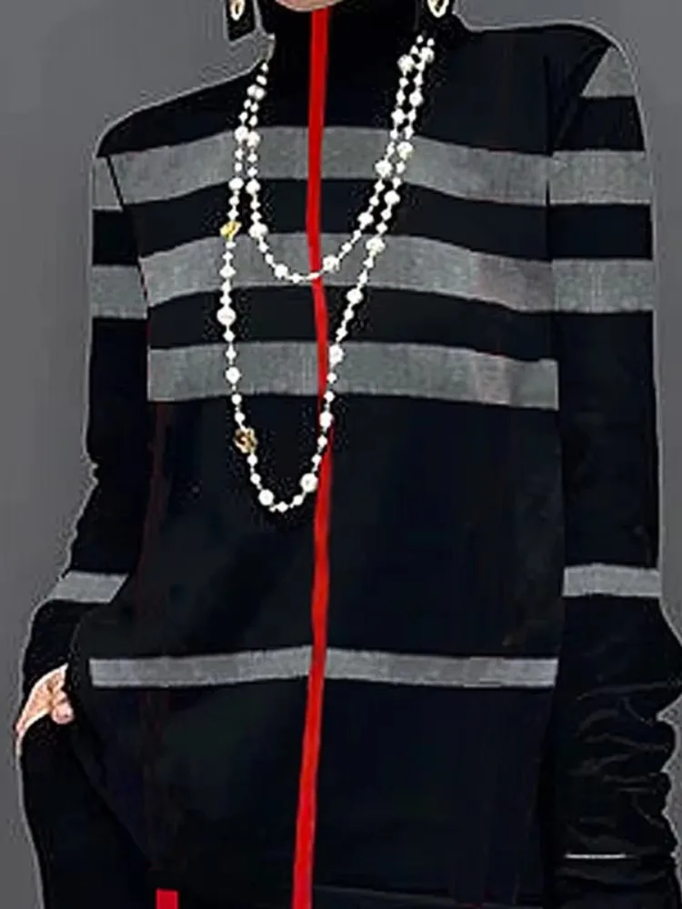 Freeacy Women\'s Striped Shirt Spring Fashion Tops High Neck Long Sleeves Pullovers Polyester Thin Loose Fit T-shirt for Laides