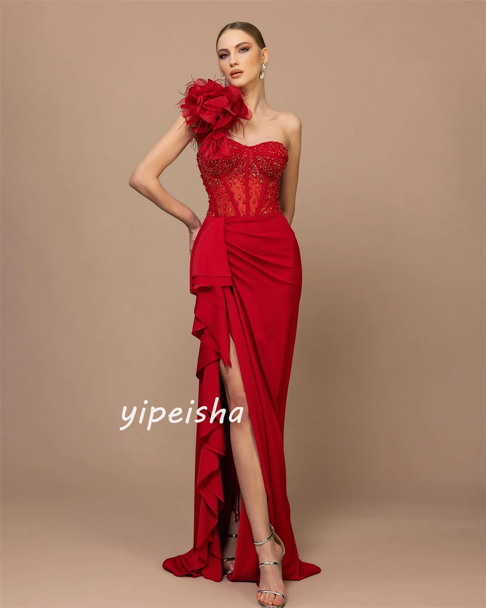 Jersey Sequined Flower Beading Feather Ruched Beach A-line One-shoulder Bespoke Occasion Gown Long Dresses