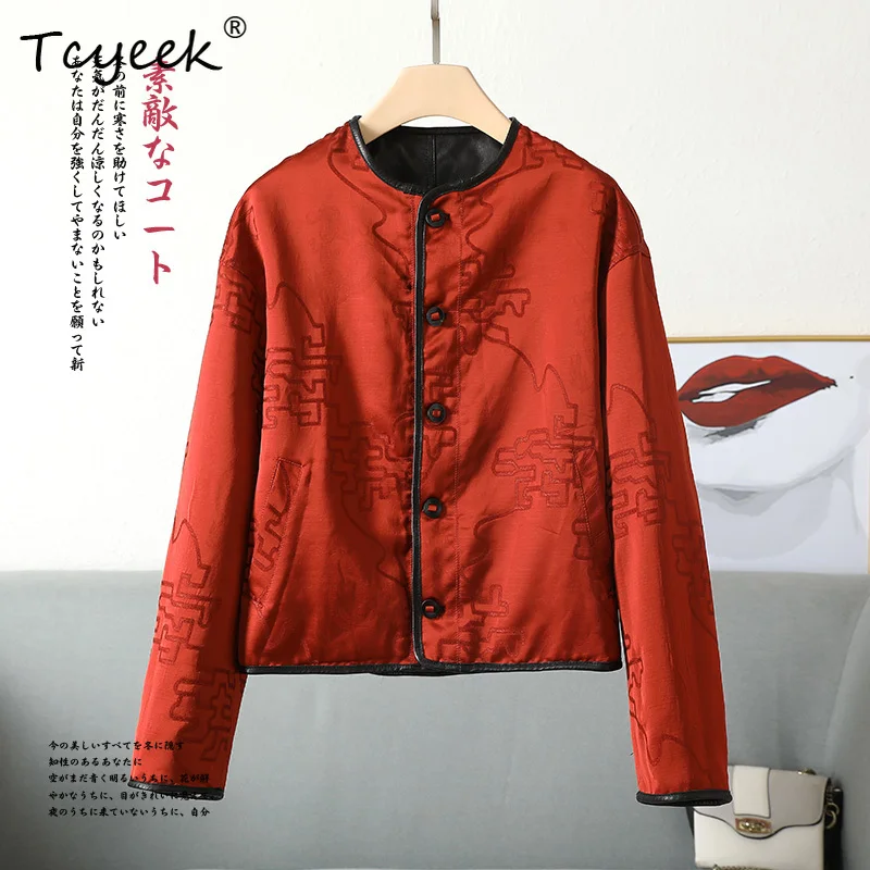 Tcyeek トップレイヤーシープスキン春秋の新中国服両面ラウンドネック女性のレザージャケット Женская Кожаная Куртка