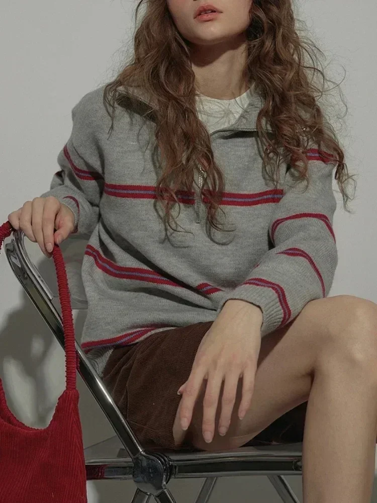 

Striped Women's Sweater Casual Loose Korean Style Zipper Lapel Pullovers 2025 Winter New Versatile Long Sleeve Knitwear Sweater