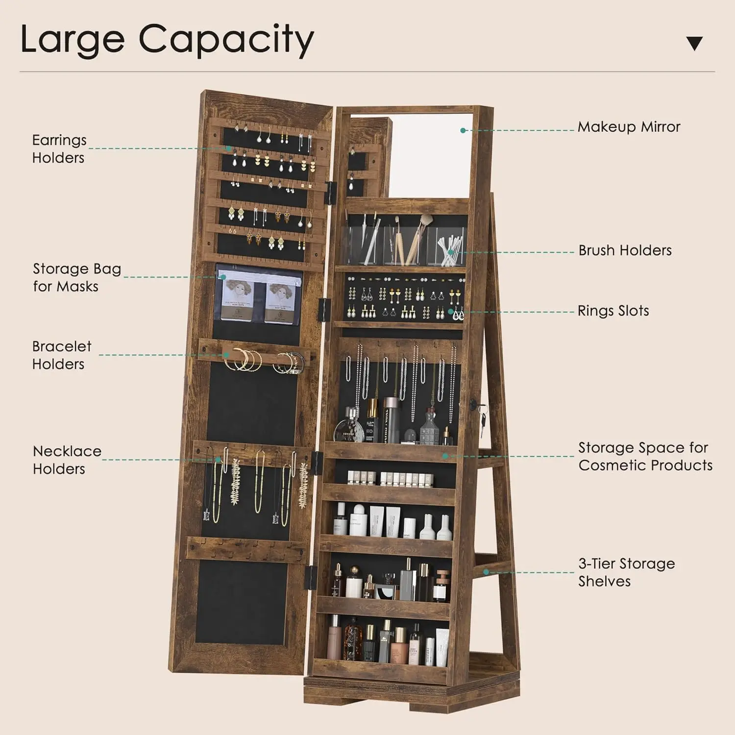 Armoire à bijoux à rotation à 360 ° avec étagères de rangement arrière, miroir pleine longueur avec rangement pour bijoux, J debout et rotatif