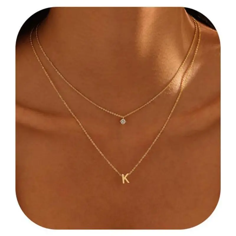 A-Z Monogram Necklace For Women, Round Solitaire & Initial Letter Double Layer Chain, Gold Color Stainless Steel Dainty Gift