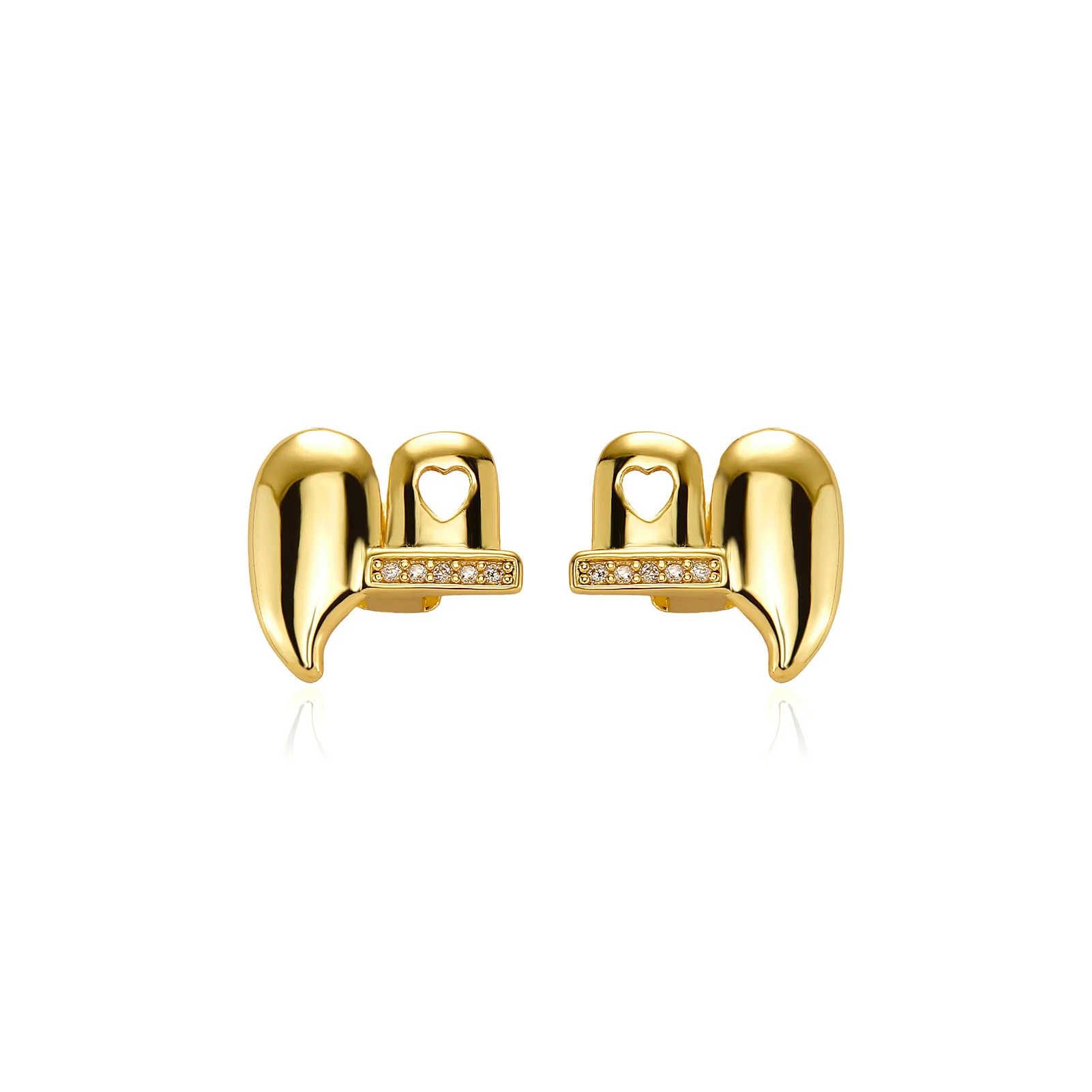 Iced Out Fang Grillz 2 Tooth Pair Gold Silver CZ Diamond Heart Hollow Hip Hop Rapper Party Teeth Grills Wholesale Jewelry