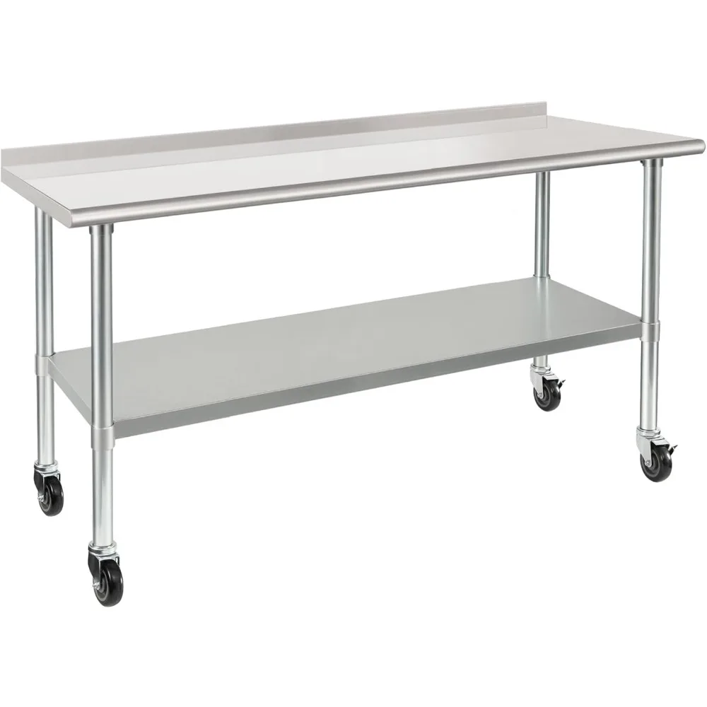

Stainless Steel Commercial Prep Table 24x72 Inches with Wheels, Casters, NSF Certified, Heavy Duty, 2" Backsplash, Adjustable