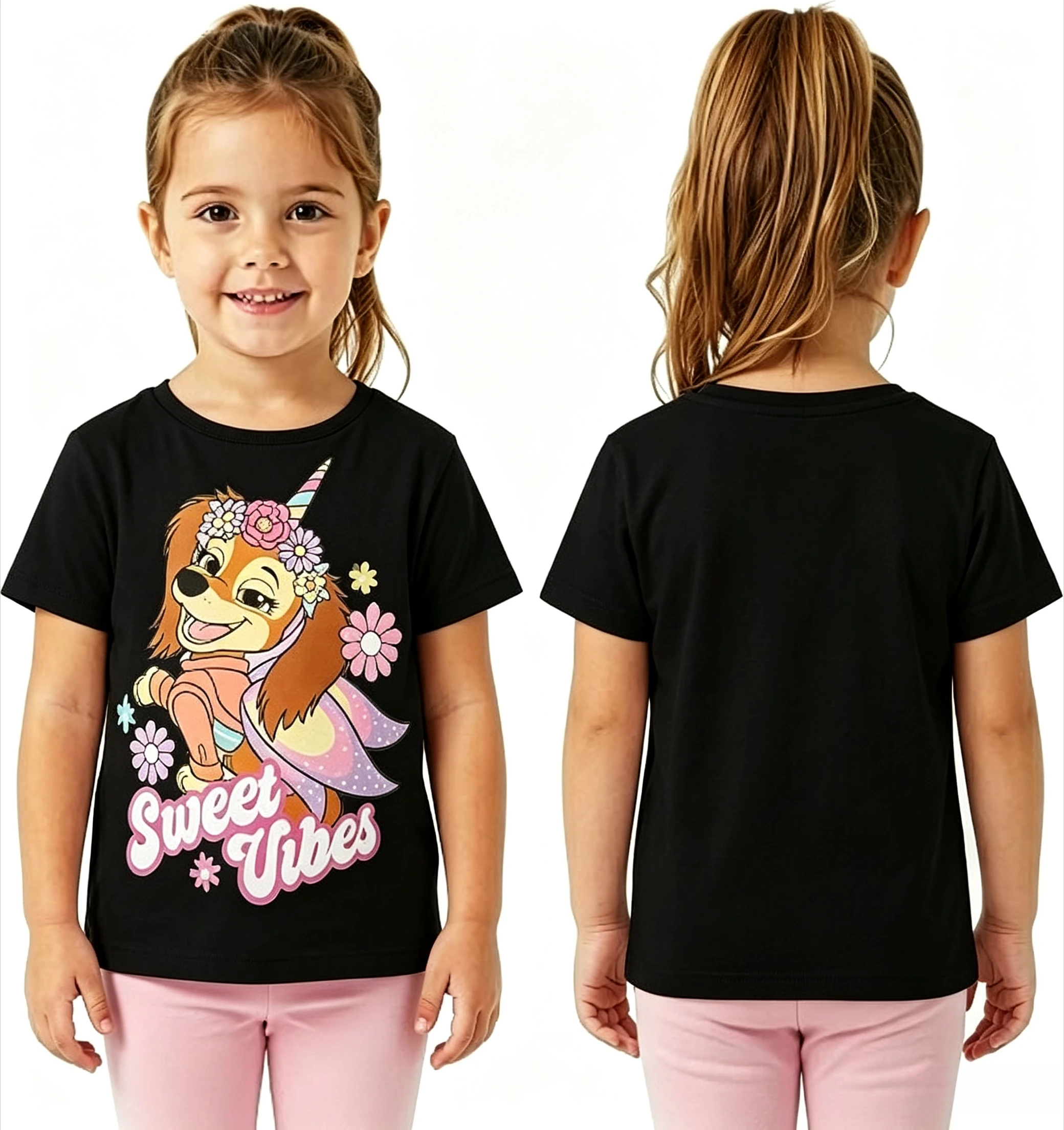 Paw Patrol Skye Girls' T-shirt Summer Cartoon Short Sleeve Top Children's Casual Clothing Flower Unicorn Print