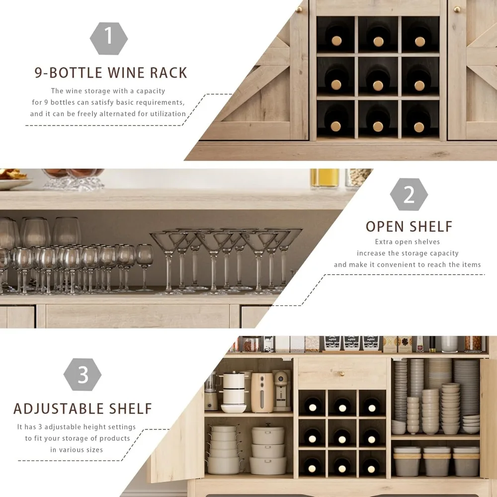 خزانة مشروبات مقاس 45.7 بوصة، خزانة بوفيه جانبية لبار القهوة المنزلي في المزرعة مع 9 رفوف نبيذ وبابين للمطبخ، Li