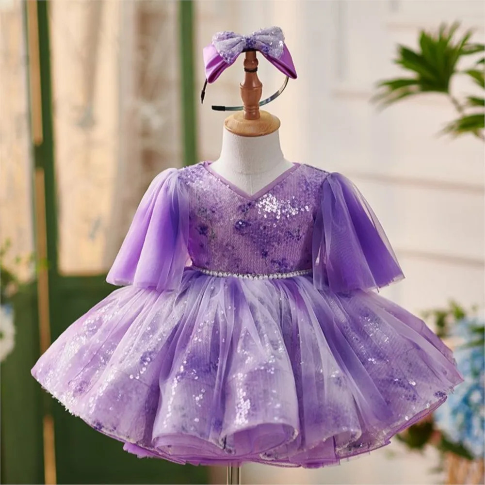 

Purple luxury Glitter Lush Girl Ball Dress Puff Sleeves Elegant Girl Princess Dress Shiny luxurious Birthday Wedding Dress Girls