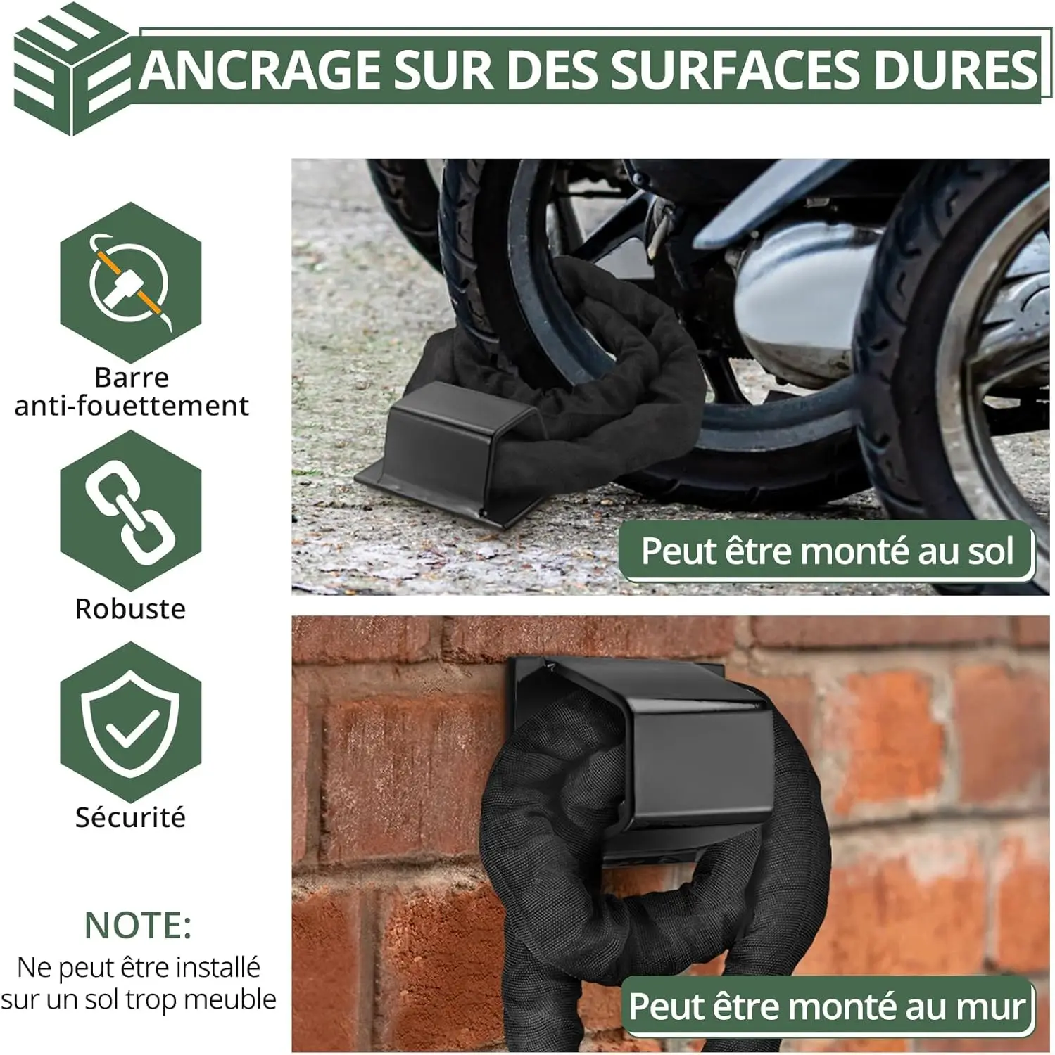 Ancrage au Sol Antivol: Chaîne Segurité en Acier Haute Rresistance pour виlo Moto Bateau - تثبيت Sol/Mur SÜre et Stable
